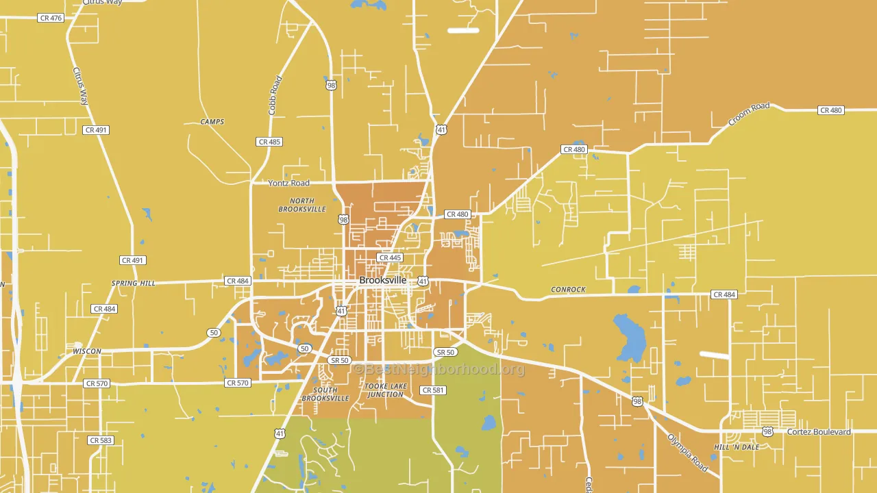 Map of the best neighborhoods in the 34601 area, with better matches in green and worse matches in red
