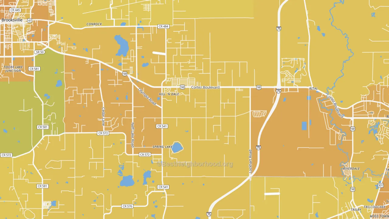 Map of the best neighborhoods in the 34602 area, with better matches in green and worse matches in red