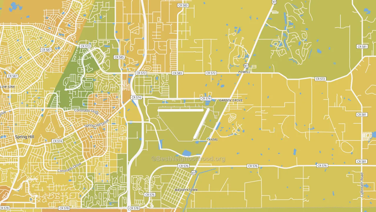 Map of the best neighborhoods in the 34604 area, with better matches in green and worse matches in red