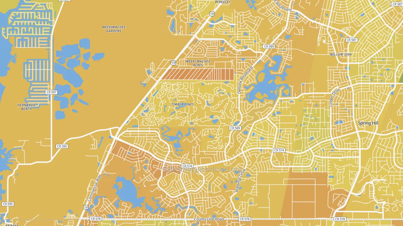 Map of the best neighborhoods in the 34606 area, with better matches in green and worse matches in red