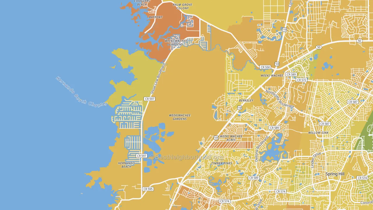 Map of the best neighborhoods in the 34607 area, with better matches in green and worse matches in red