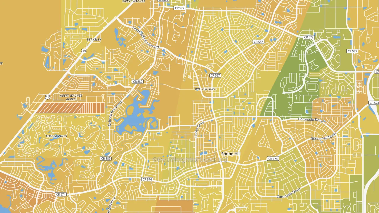 Map of the best neighborhoods in the 34608 area, with better matches in green and worse matches in red