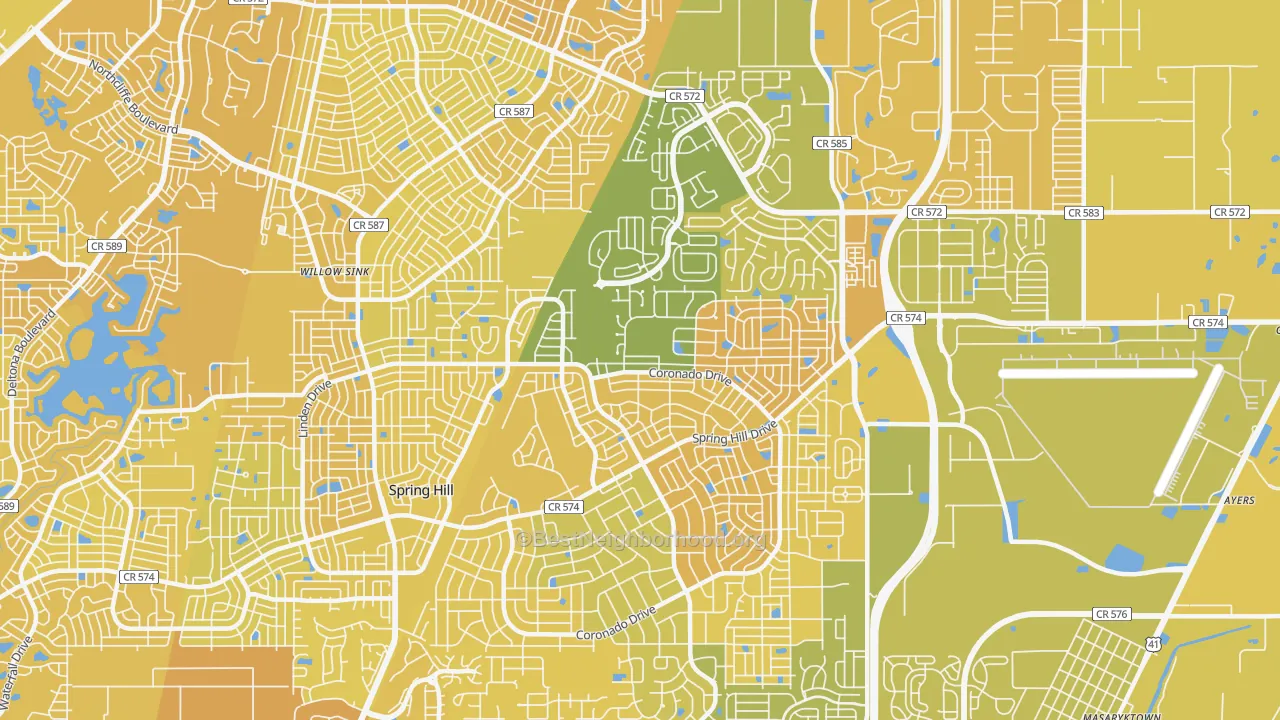 Map of the best neighborhoods in the 34609 area, with better matches in green and worse matches in red