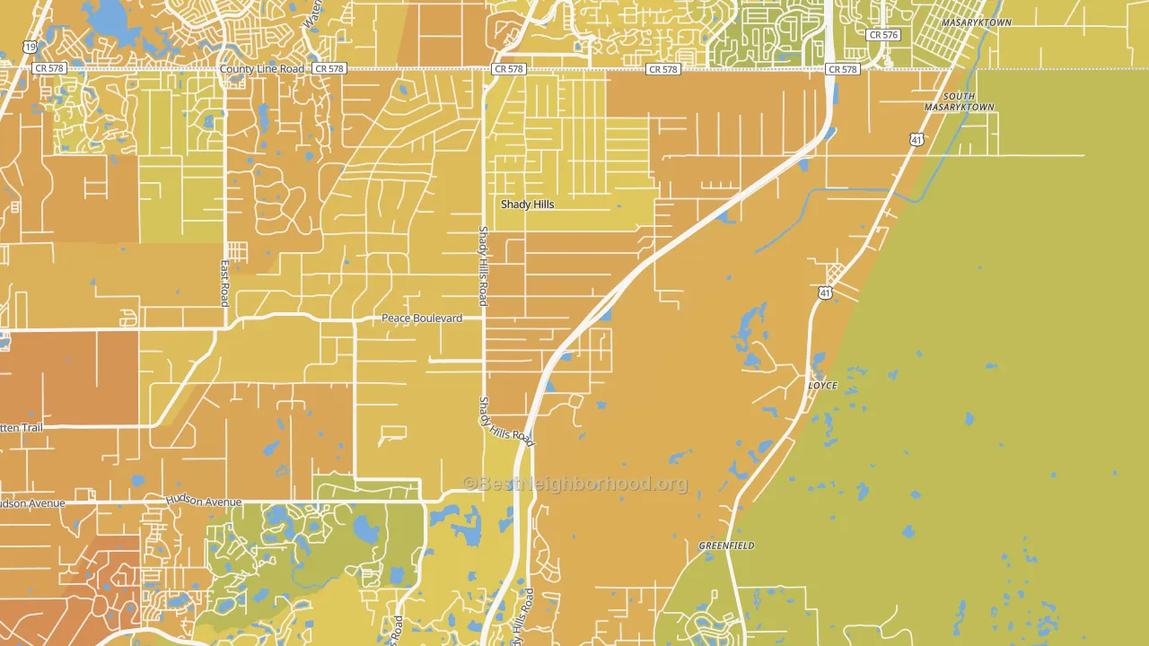 Map of the best neighborhoods in the 34610 area, with better matches in green and worse matches in red