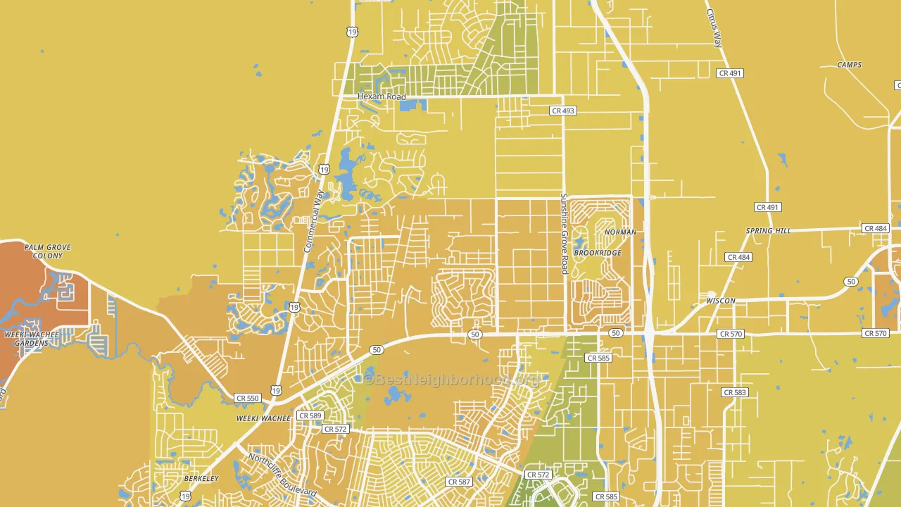 Map of the best neighborhoods in the 34613 area, with better matches in green and worse matches in red