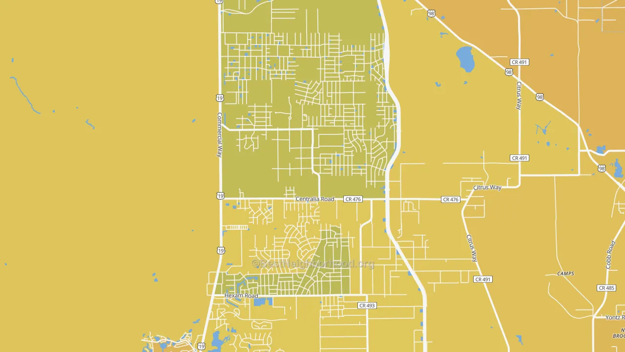 Map of the best neighborhoods in the 34614 area, with better matches in green and worse matches in red