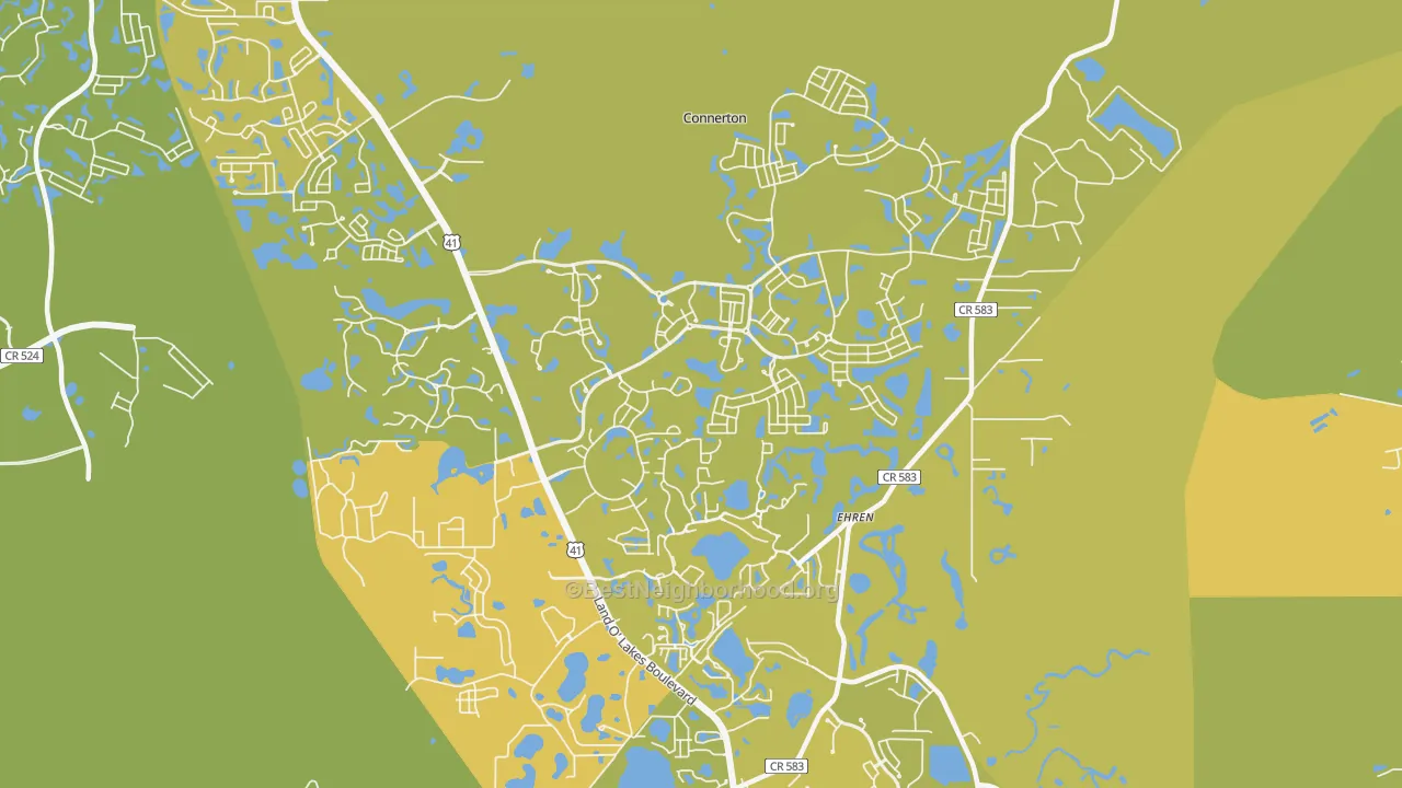 Map of the best neighborhoods in the 34637 area, with better matches in green and worse matches in red