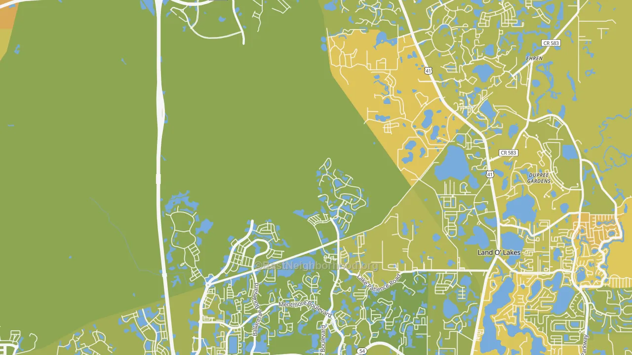Map of the best neighborhoods in the 34638 area, with better matches in green and worse matches in red