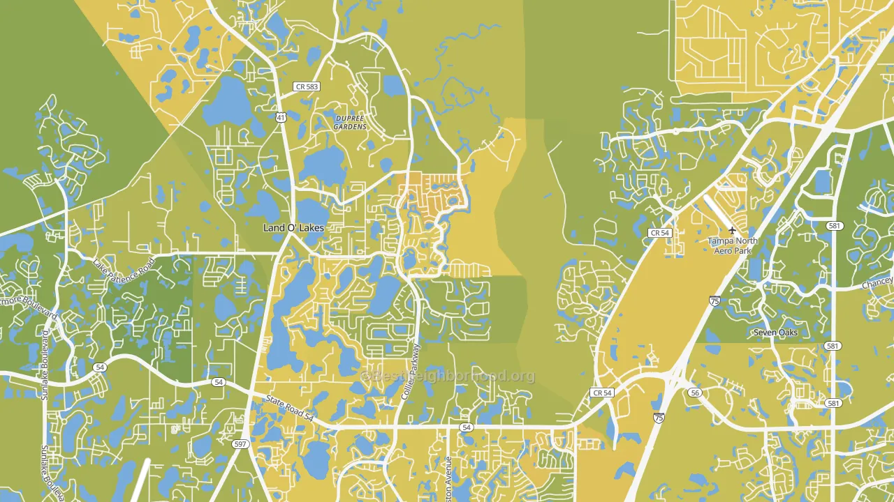 Map of the best neighborhoods in the 34639 area, with better matches in green and worse matches in red