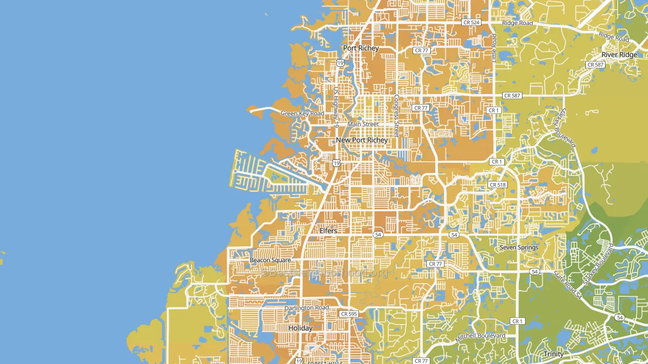 Map of the best neighborhoods in the 34652 area, with better matches in green and worse matches in red