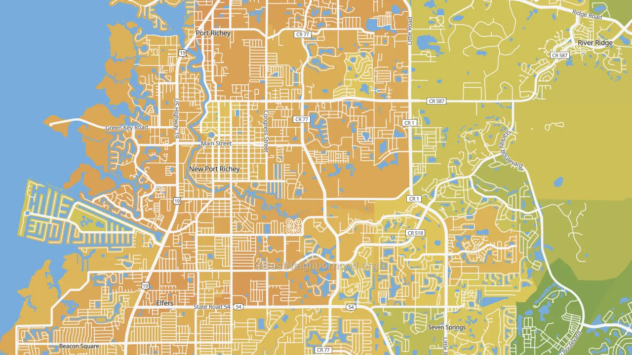 Map of the best neighborhoods in the 34653 area, with better matches in green and worse matches in red