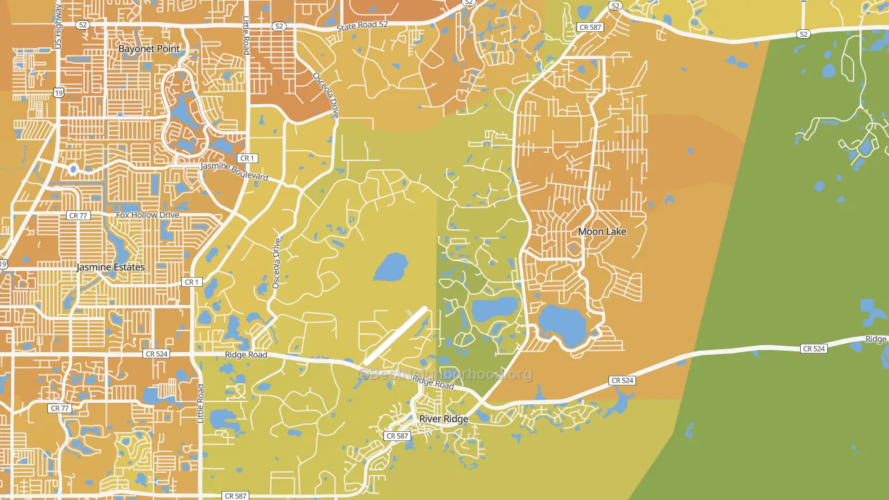Map of the best neighborhoods in the 34654 area, with better matches in green and worse matches in red
