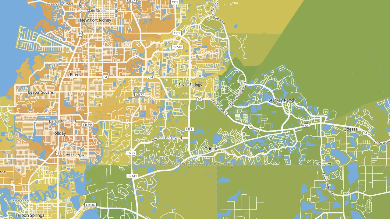 Map of the best neighborhoods in the 34655 area, with better matches in green and worse matches in red