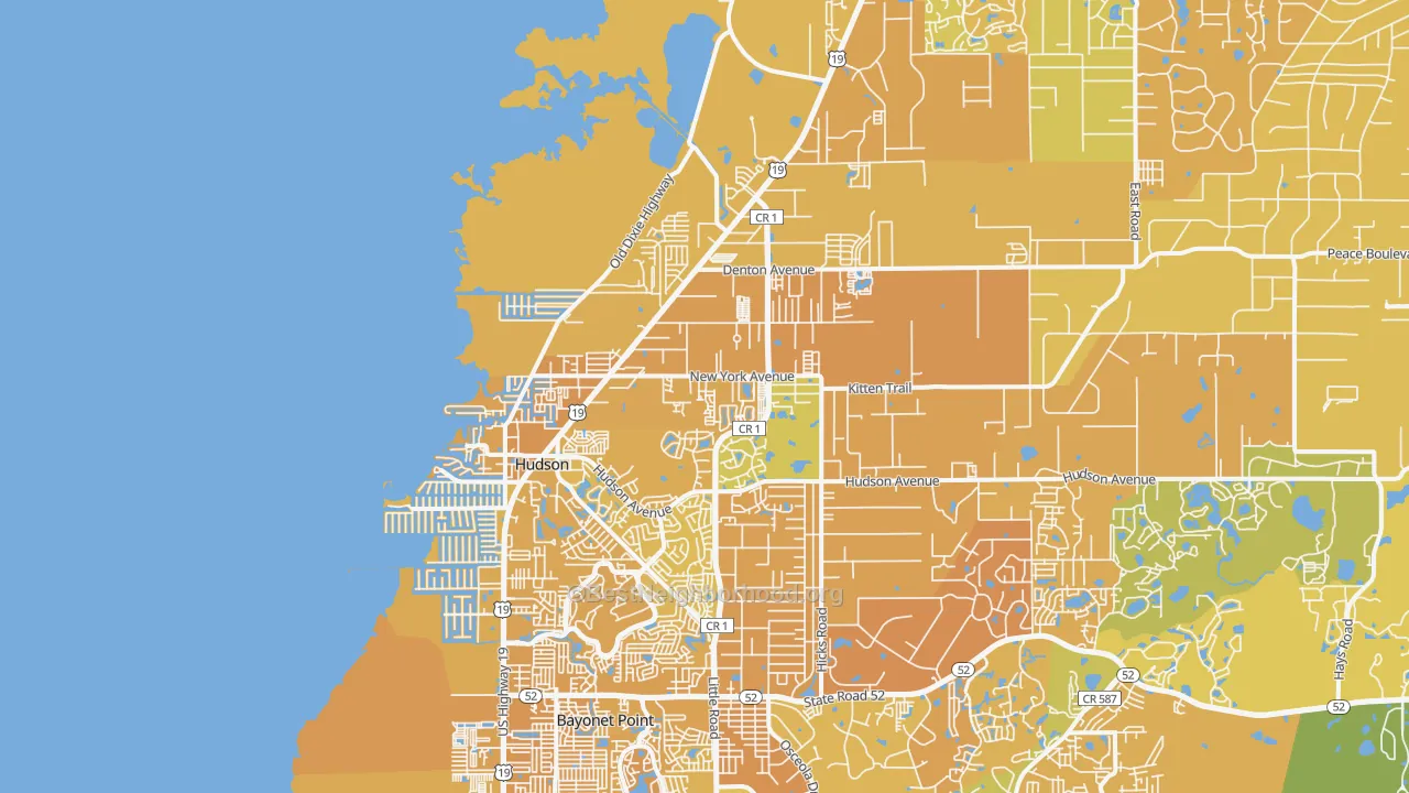 Map of the best neighborhoods in the 34667 area, with better matches in green and worse matches in red
