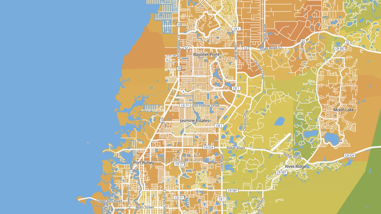 Map of the best neighborhoods in the 34668 area, with better matches in green and worse matches in red