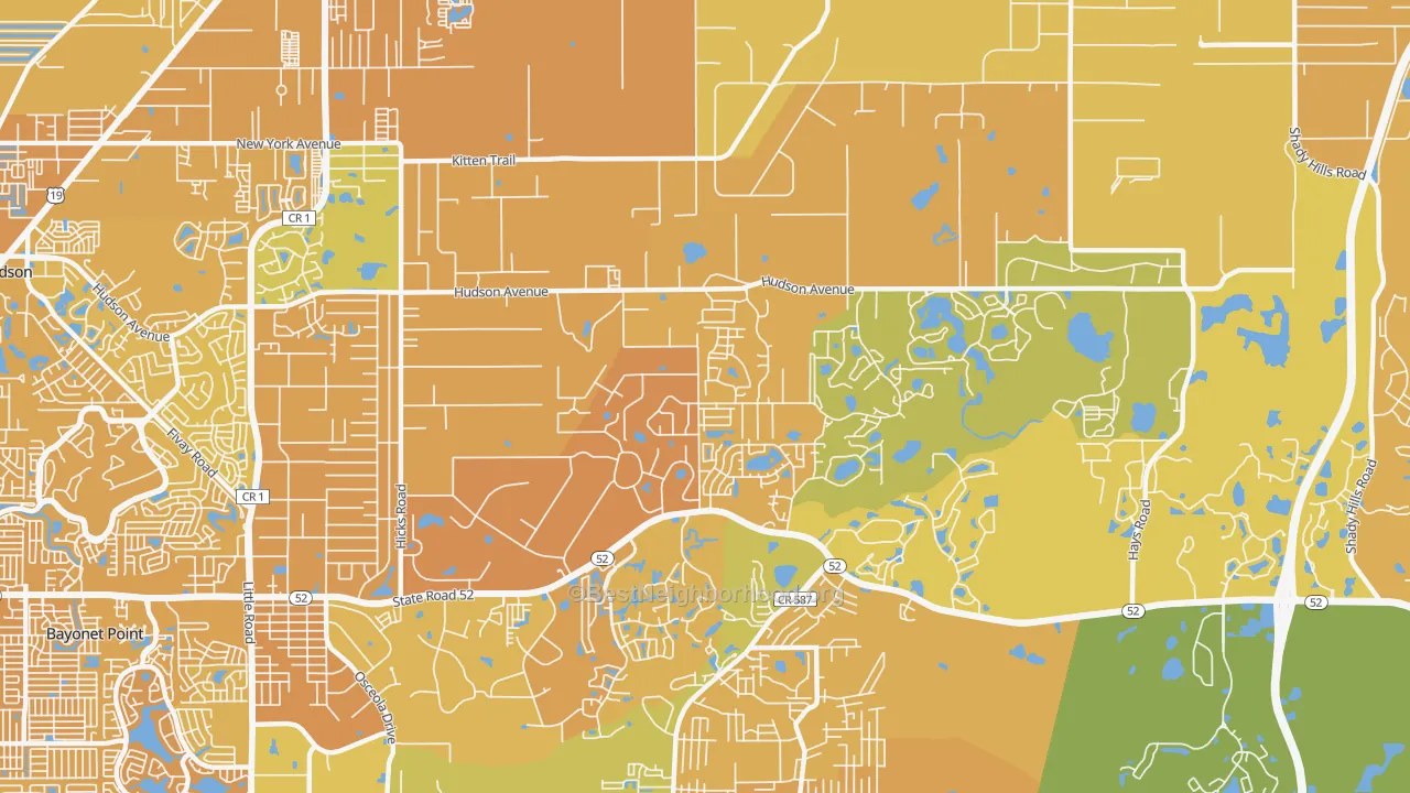 Map of the best neighborhoods in the 34669 area, with better matches in green and worse matches in red