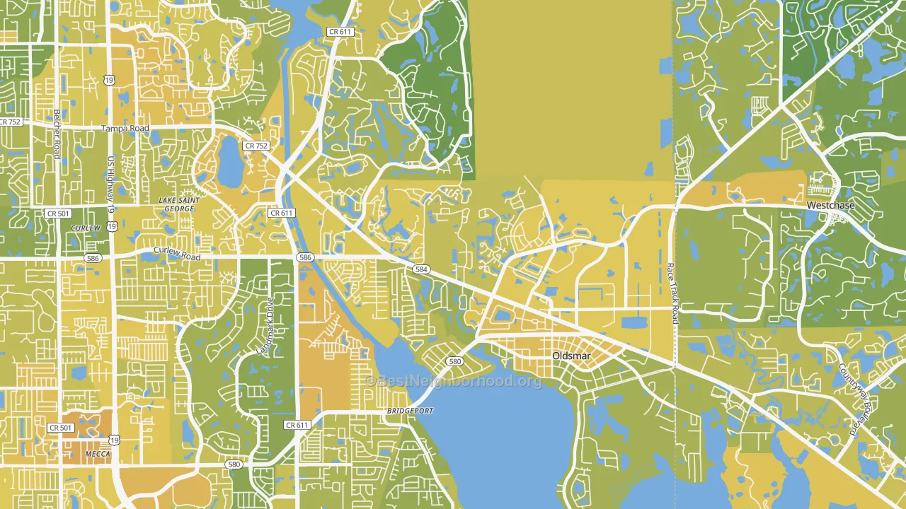 Map of the best neighborhoods in the 34677 area, with better matches in green and worse matches in red