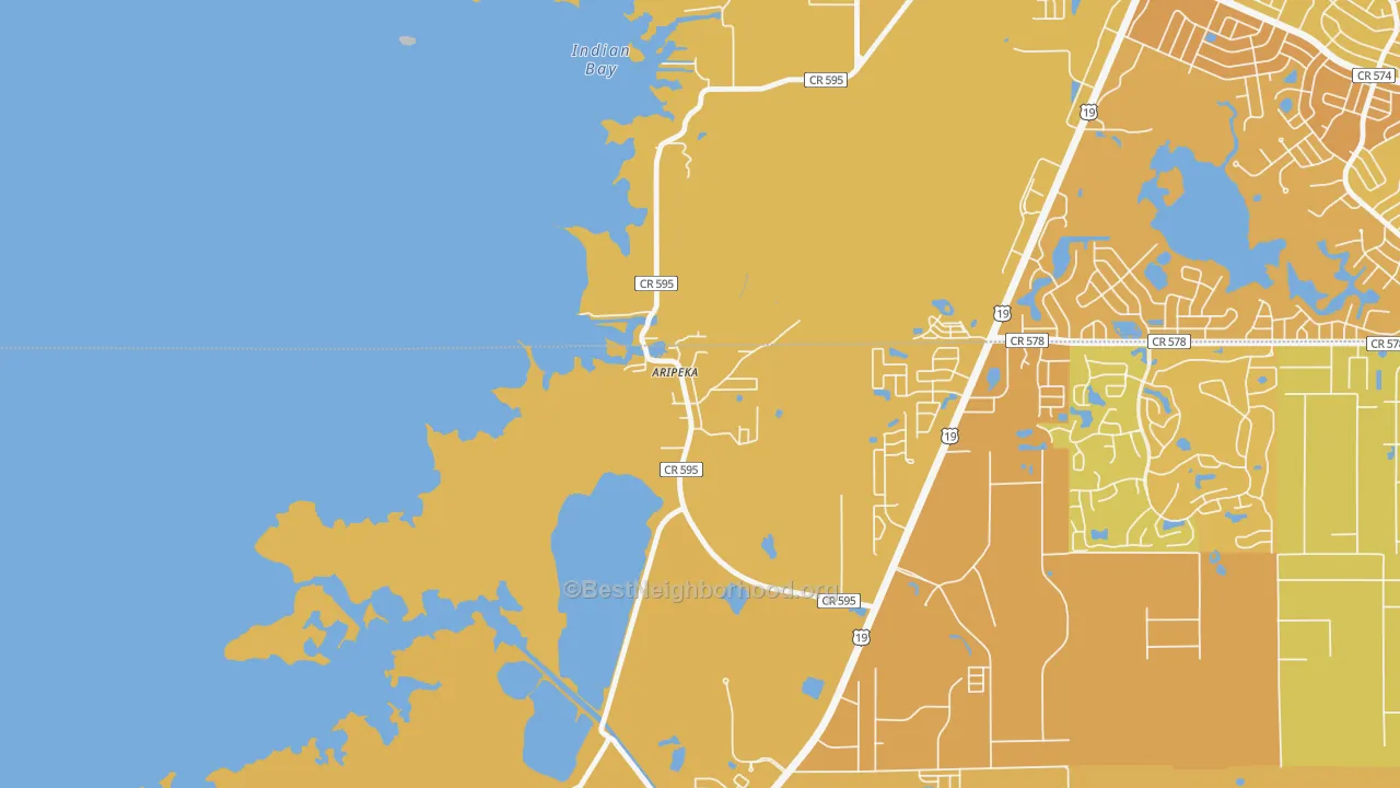 Map of the best neighborhoods in the 34679 area, with better matches in green and worse matches in red