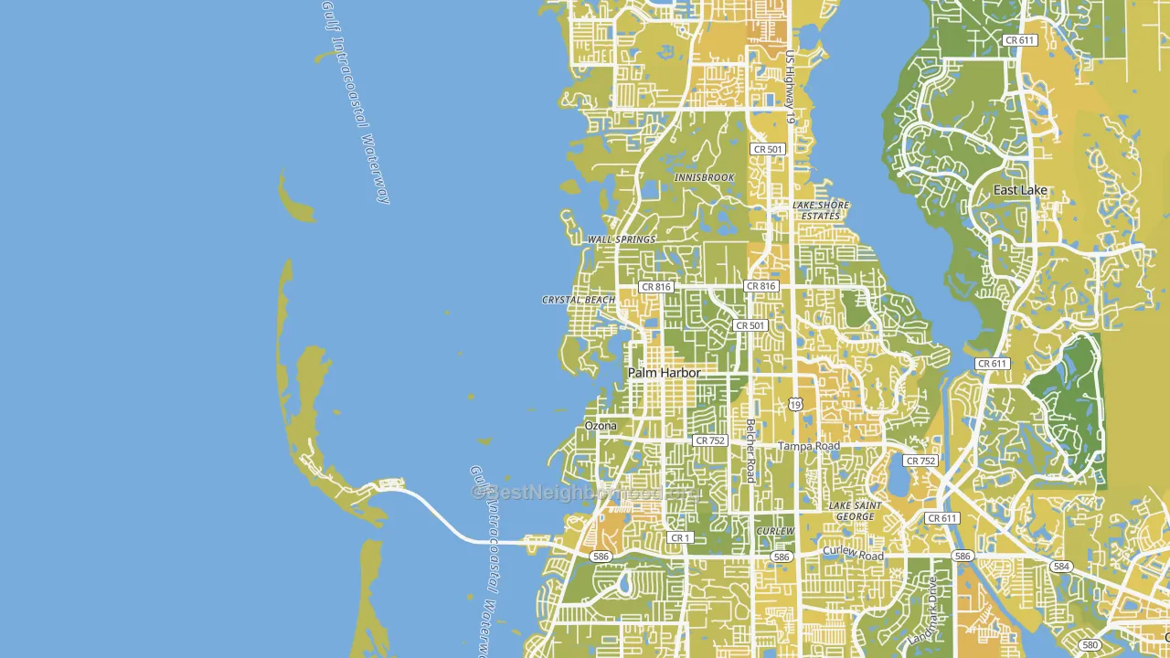 Map of the best neighborhoods in the 34681 area, with better matches in green and worse matches in red