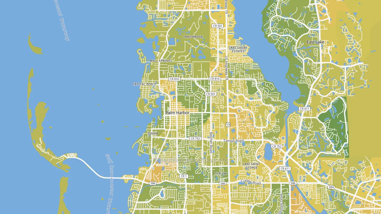 Map of the best neighborhoods in the 34683 area, with better matches in green and worse matches in red