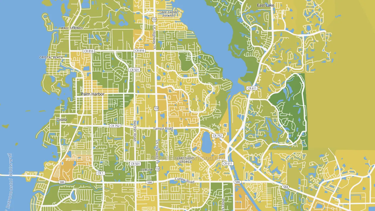 Map of the best neighborhoods in the 34684 area, with better matches in green and worse matches in red