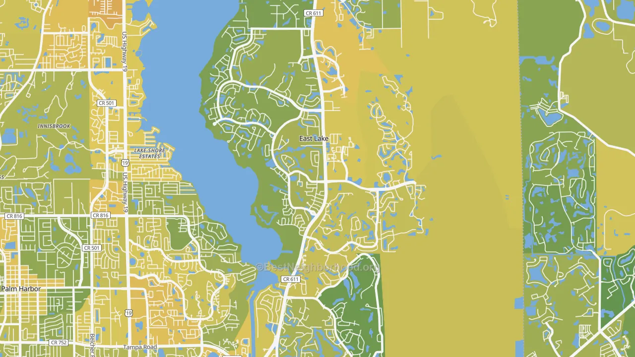 Map of the best neighborhoods in the 34685 area, with better matches in green and worse matches in red