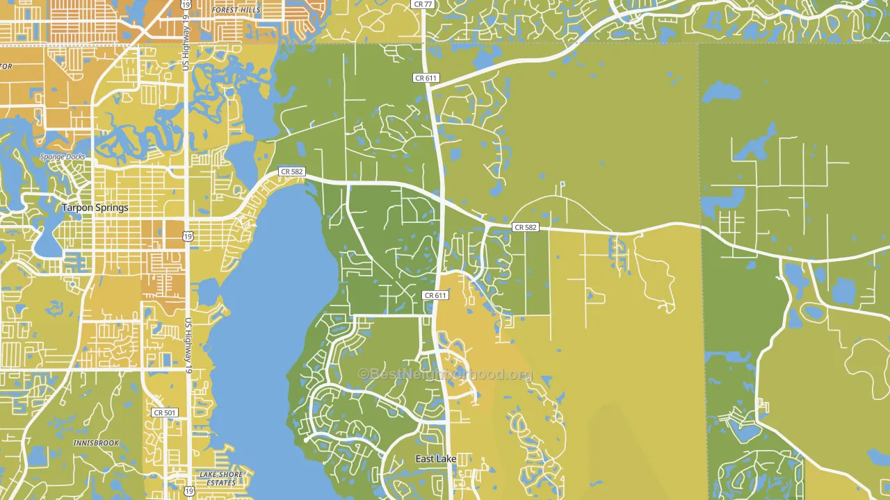 Map of the best neighborhoods in the 34688 area, with better matches in green and worse matches in red