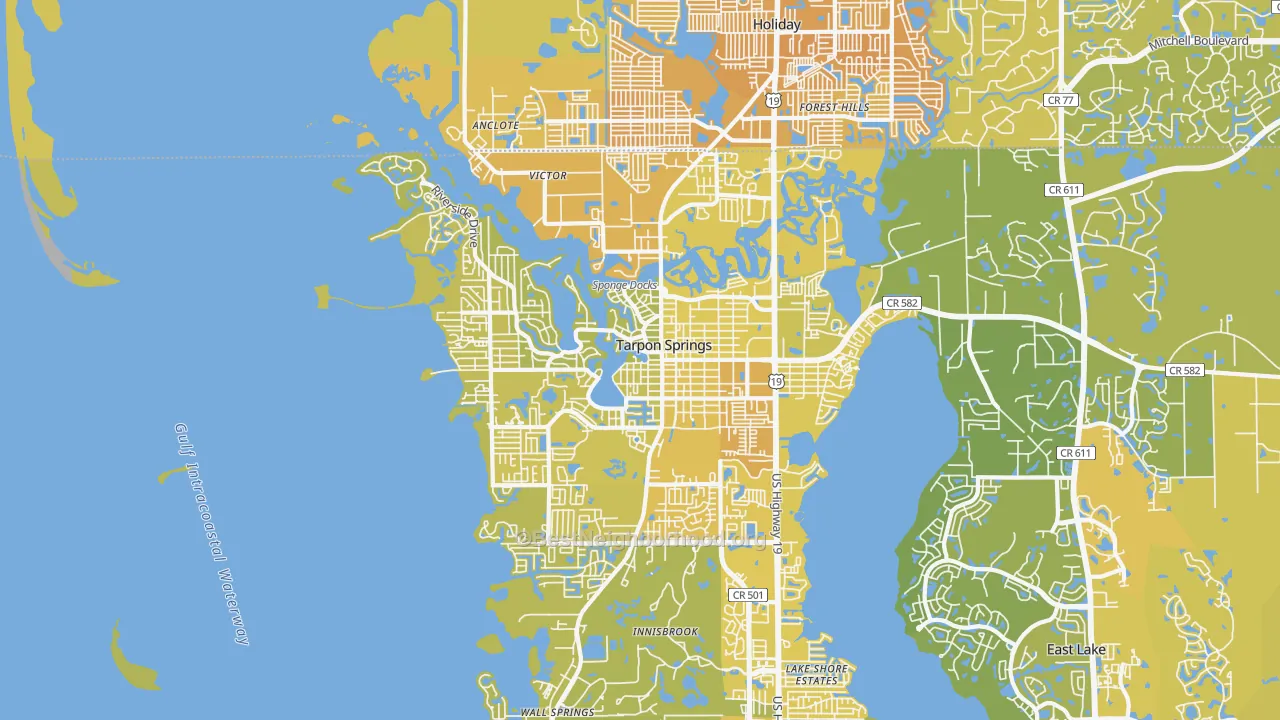 Map of the best neighborhoods in the 34689 area, with better matches in green and worse matches in red