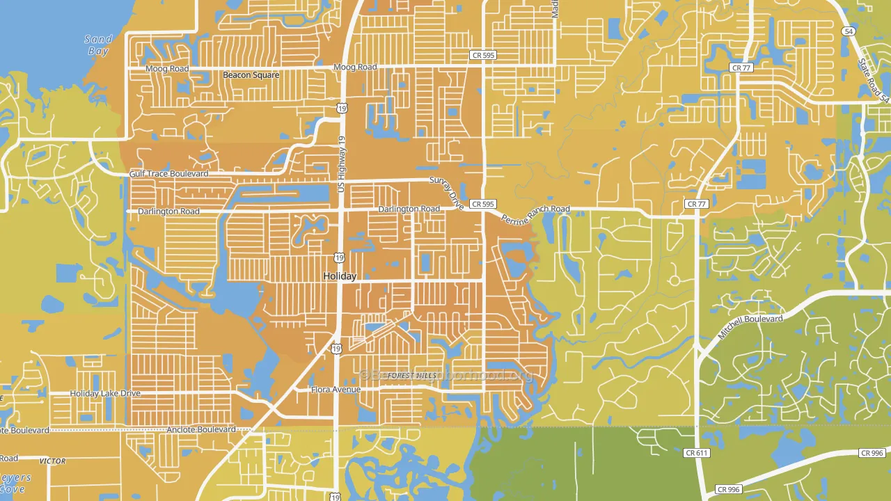 Map of the best neighborhoods in the 34690 area, with better matches in green and worse matches in red