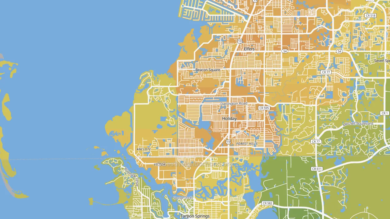 Map of the best neighborhoods in the 34691 area, with better matches in green and worse matches in red