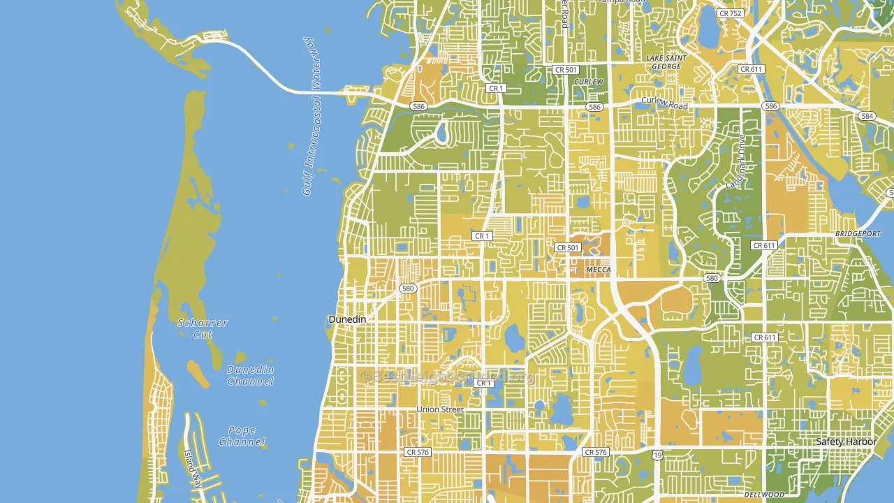 Map of the best neighborhoods in the 34698 area, with better matches in green and worse matches in red