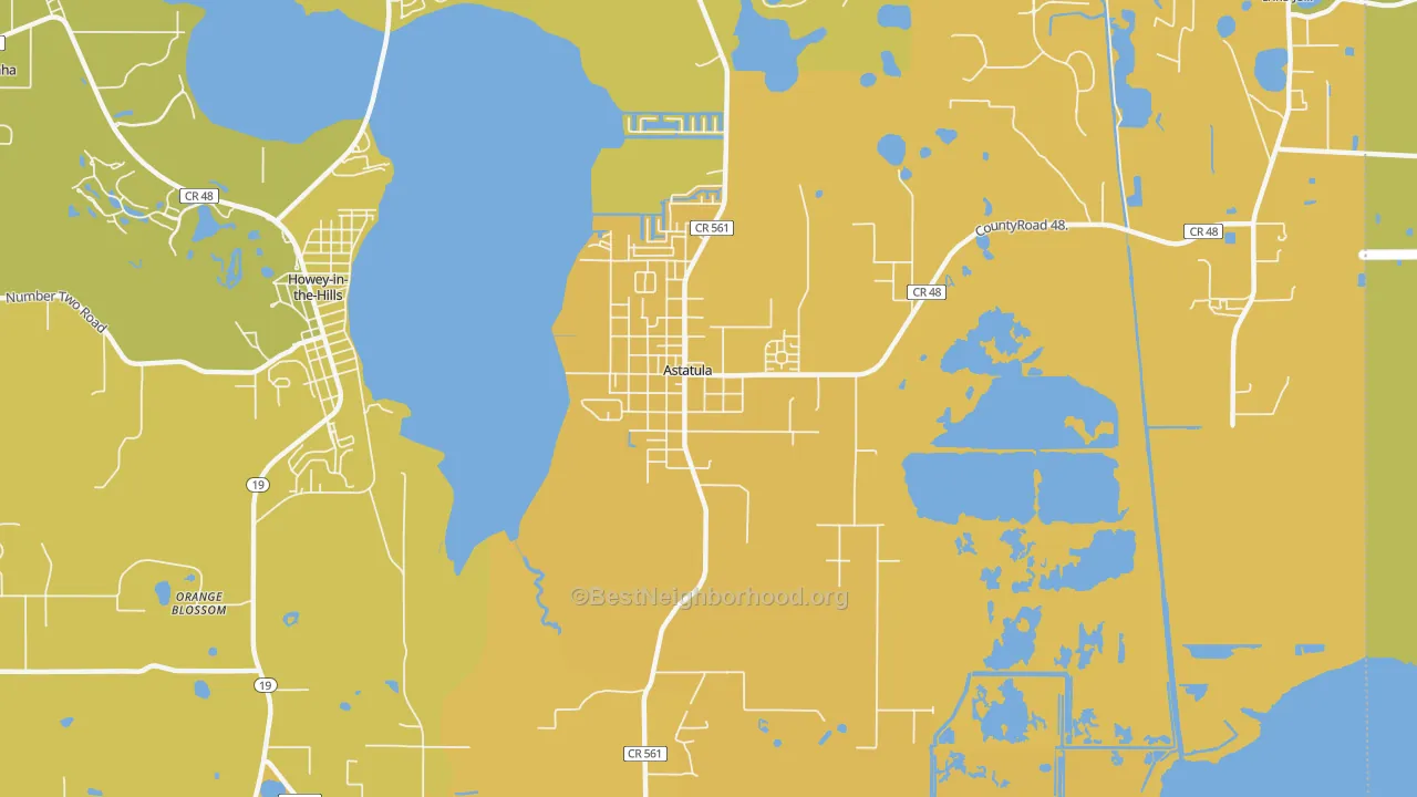 Map of the best neighborhoods in the 34705 area, with better matches in green and worse matches in red