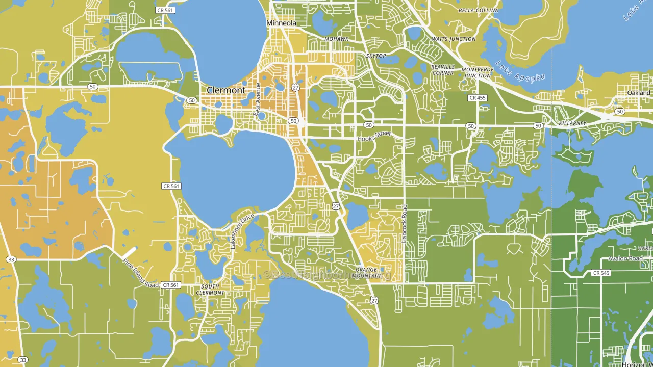 Map of the best neighborhoods in the 34711 area, with better matches in green and worse matches in red