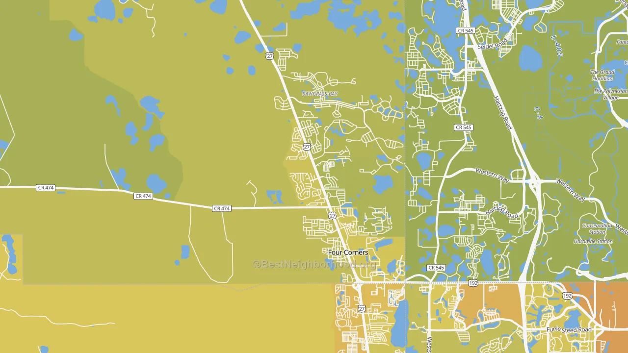 Map of the best neighborhoods in the 34714 area, with better matches in green and worse matches in red