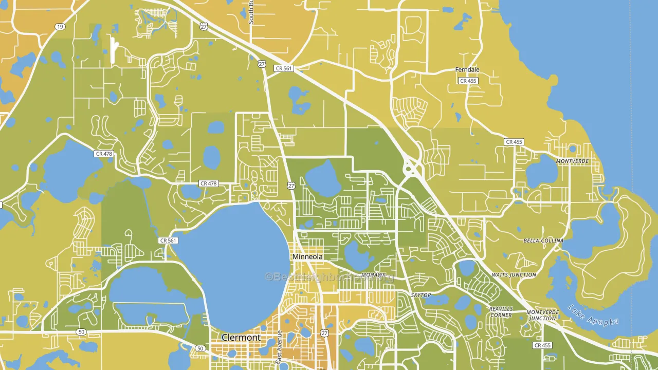 Map of the best neighborhoods in the 34715 area, with better matches in green and worse matches in red