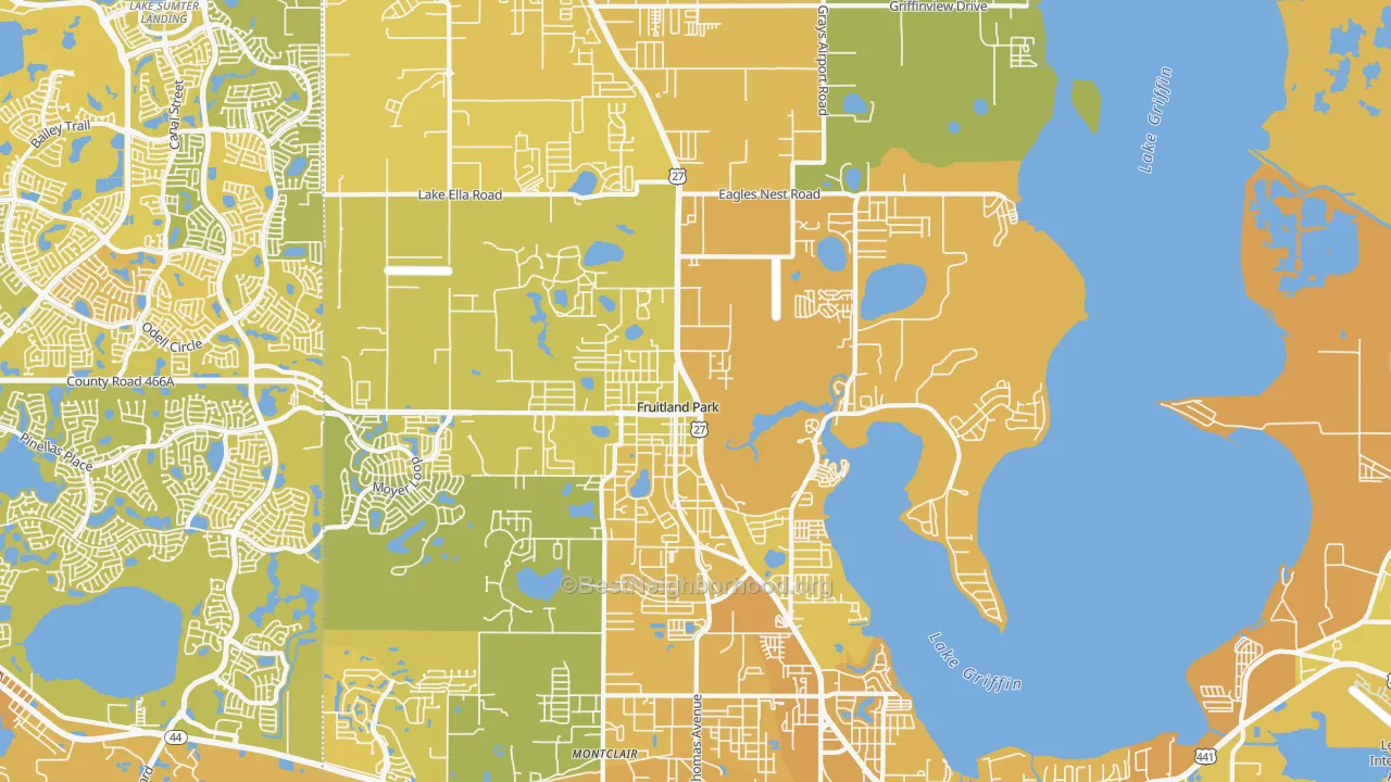Map of the best neighborhoods in the 34731 area, with better matches in green and worse matches in red