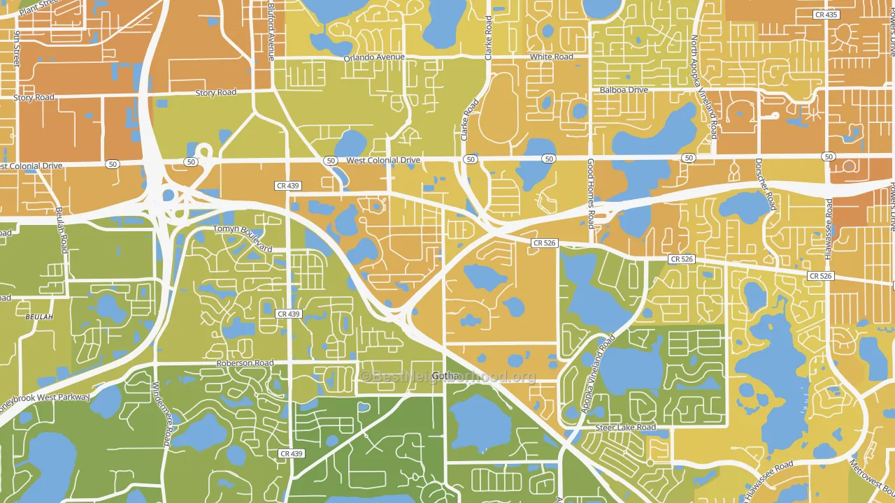 Map of the best neighborhoods in the 34734 area, with better matches in green and worse matches in red