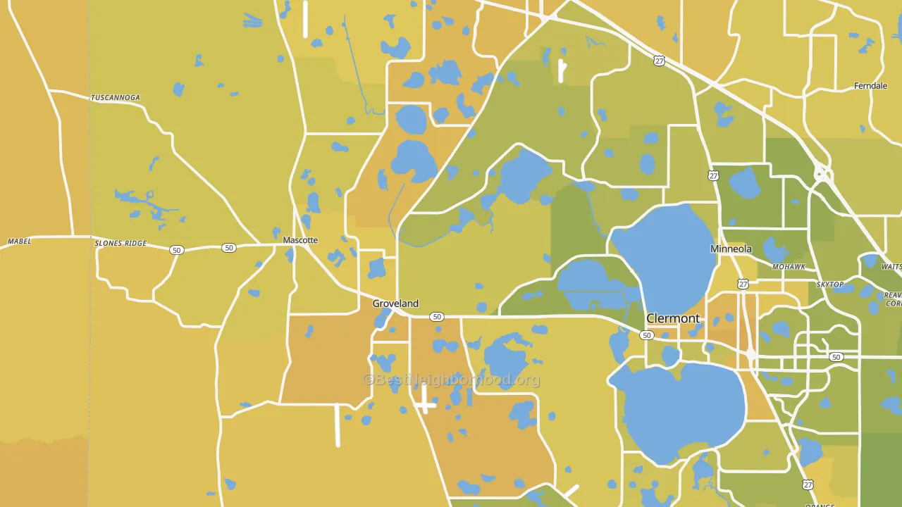 Map of the best neighborhoods in the 34736 area, with better matches in green and worse matches in red