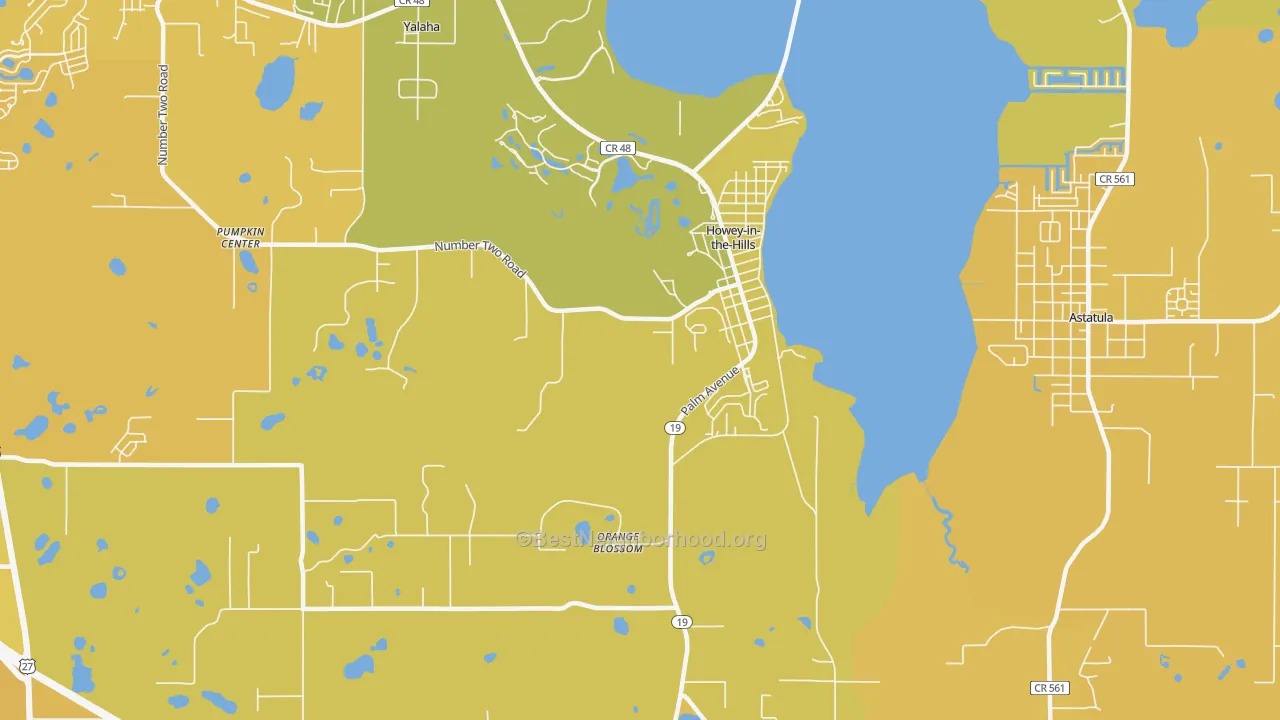 Map of the best neighborhoods in the 34737 area, with better matches in green and worse matches in red
