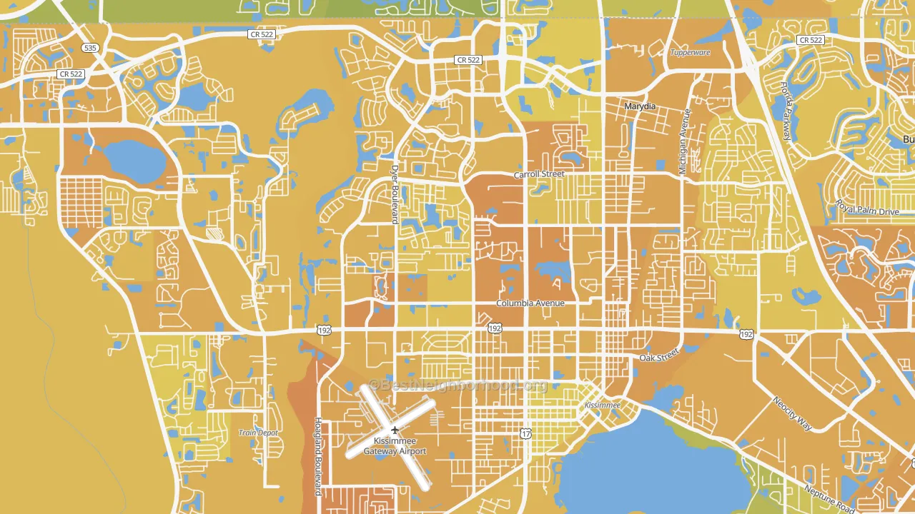 Map of the best neighborhoods in the 34741 area, with better matches in green and worse matches in red