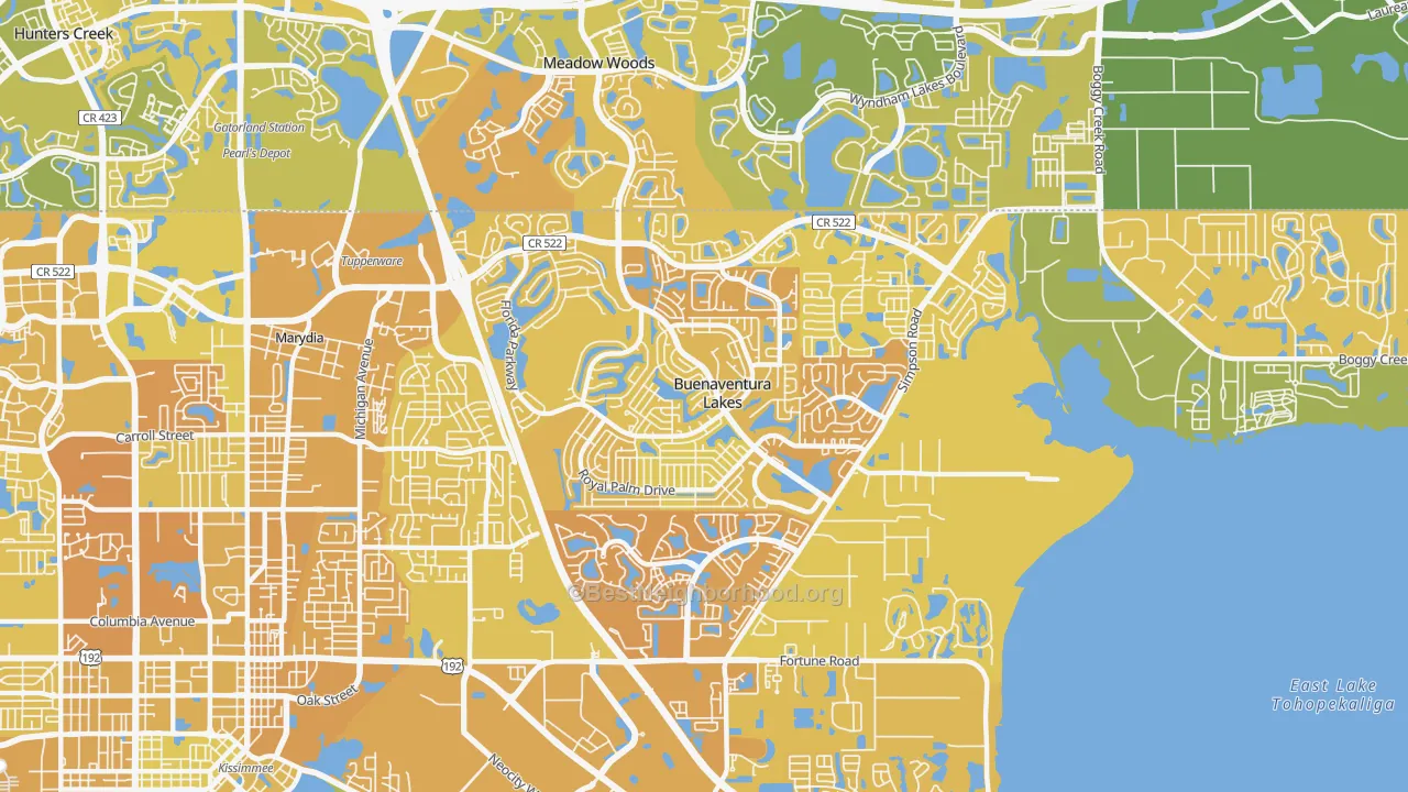 Map of the best neighborhoods in the 34743 area, with better matches in green and worse matches in red