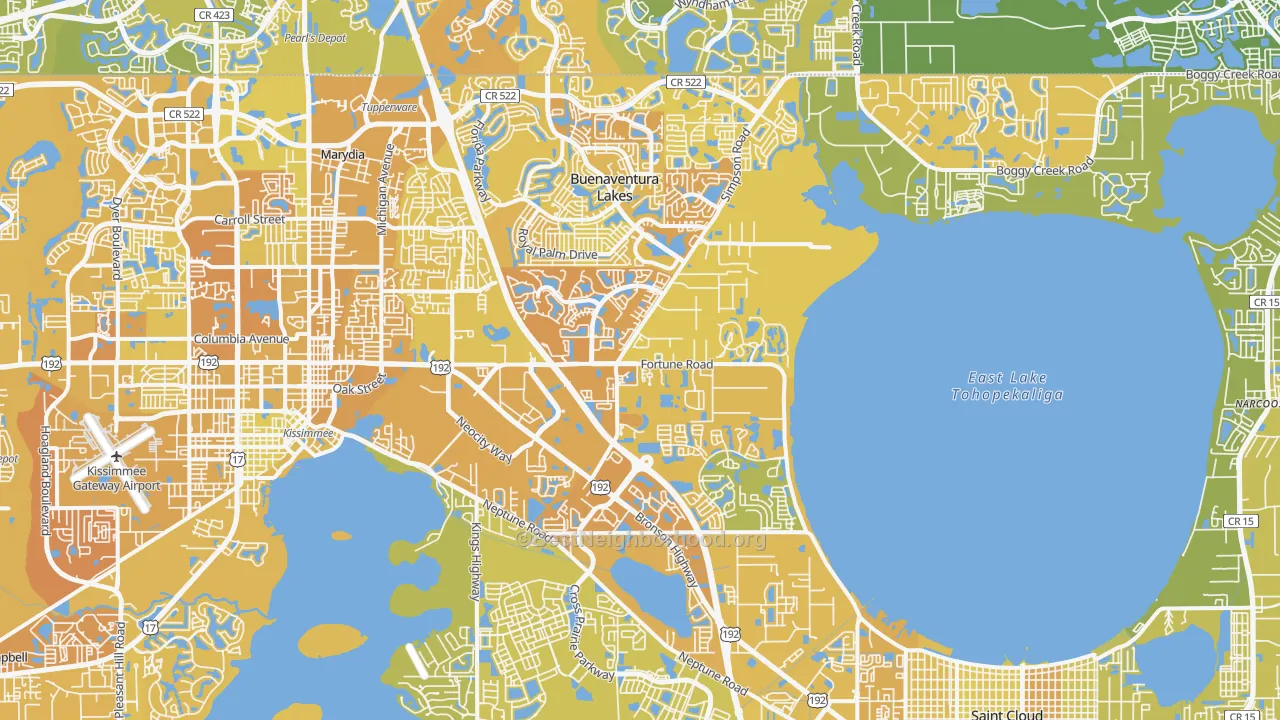 Map of the best neighborhoods in the 34744 area, with better matches in green and worse matches in red
