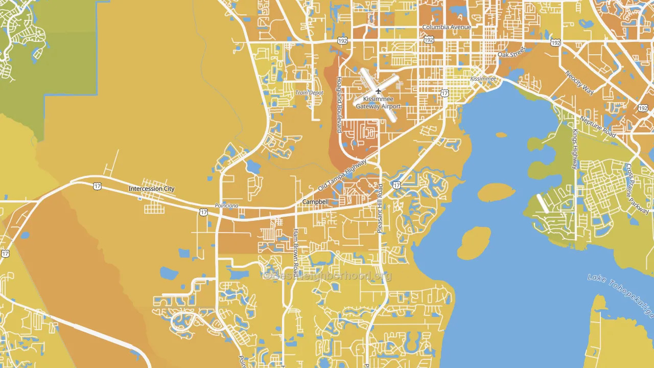 Map of the best neighborhoods in the 34746 area, with better matches in green and worse matches in red
