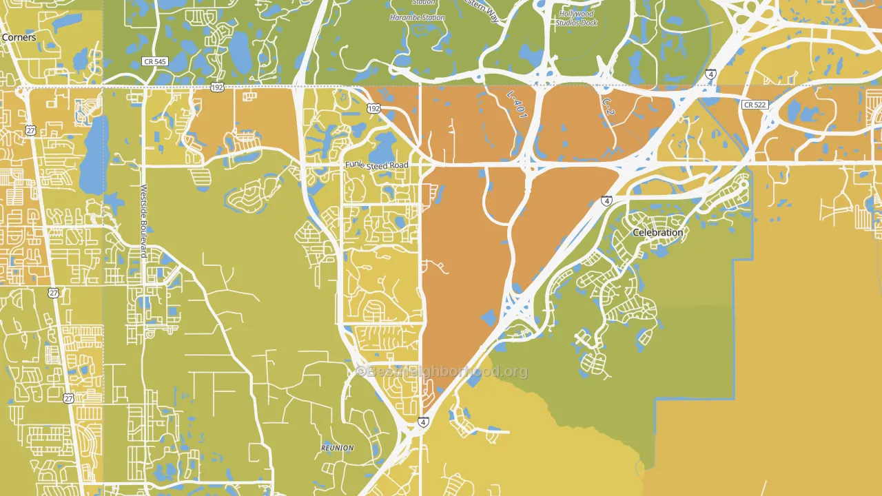Map of the best neighborhoods in the 34747 area, with better matches in green and worse matches in red