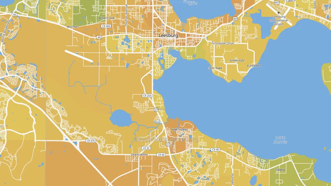 Map of the best neighborhoods in the 34748 area, with better matches in green and worse matches in red