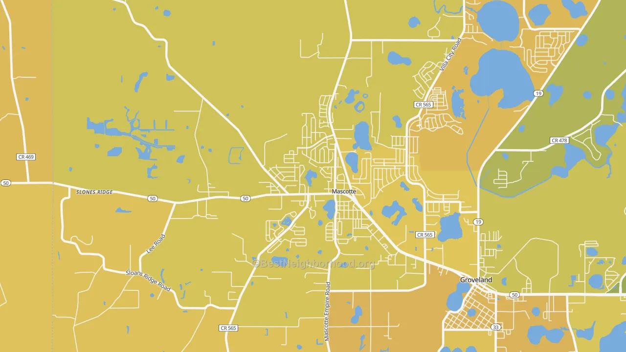 Map of the best neighborhoods in the 34753 area, with better matches in green and worse matches in red