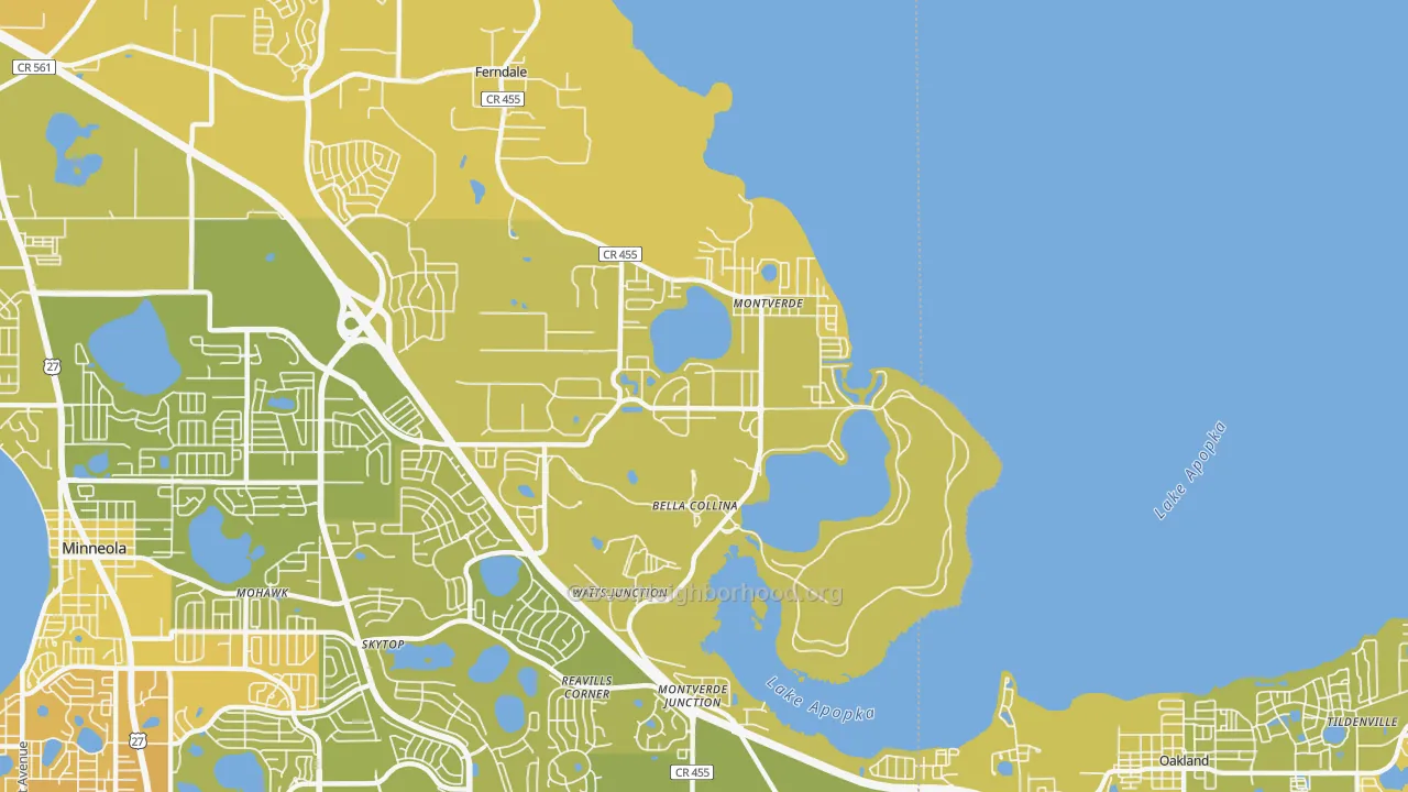 Map of the best neighborhoods in the 34756 area, with better matches in green and worse matches in red