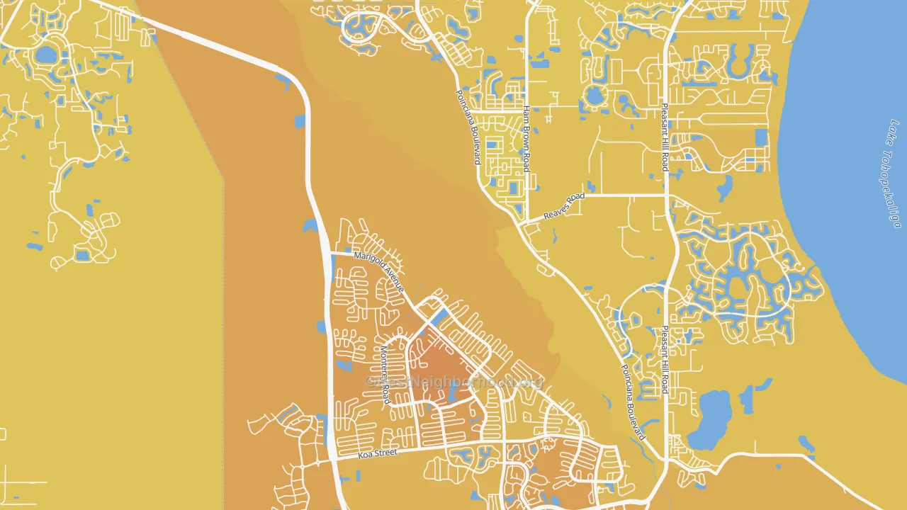Map of the best neighborhoods in the 34758 area, with better matches in green and worse matches in red