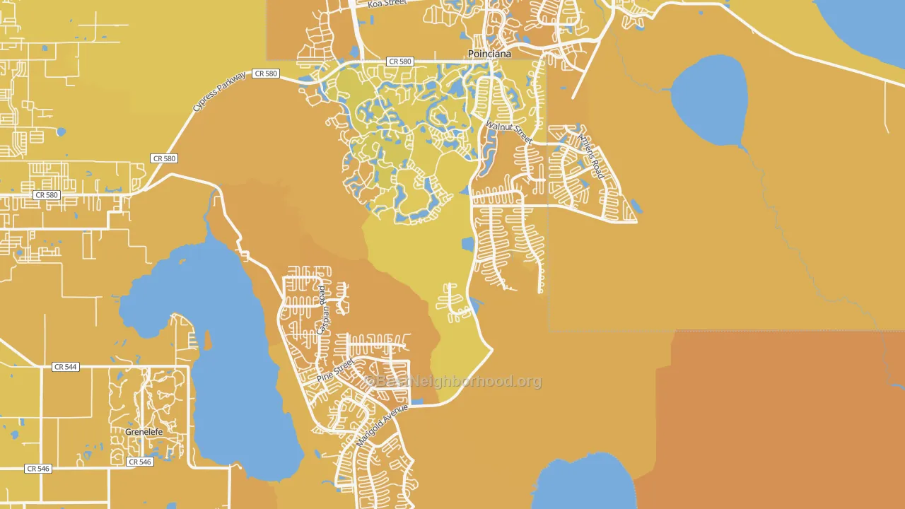 Map of the best neighborhoods in the 34759 area, with better matches in green and worse matches in red