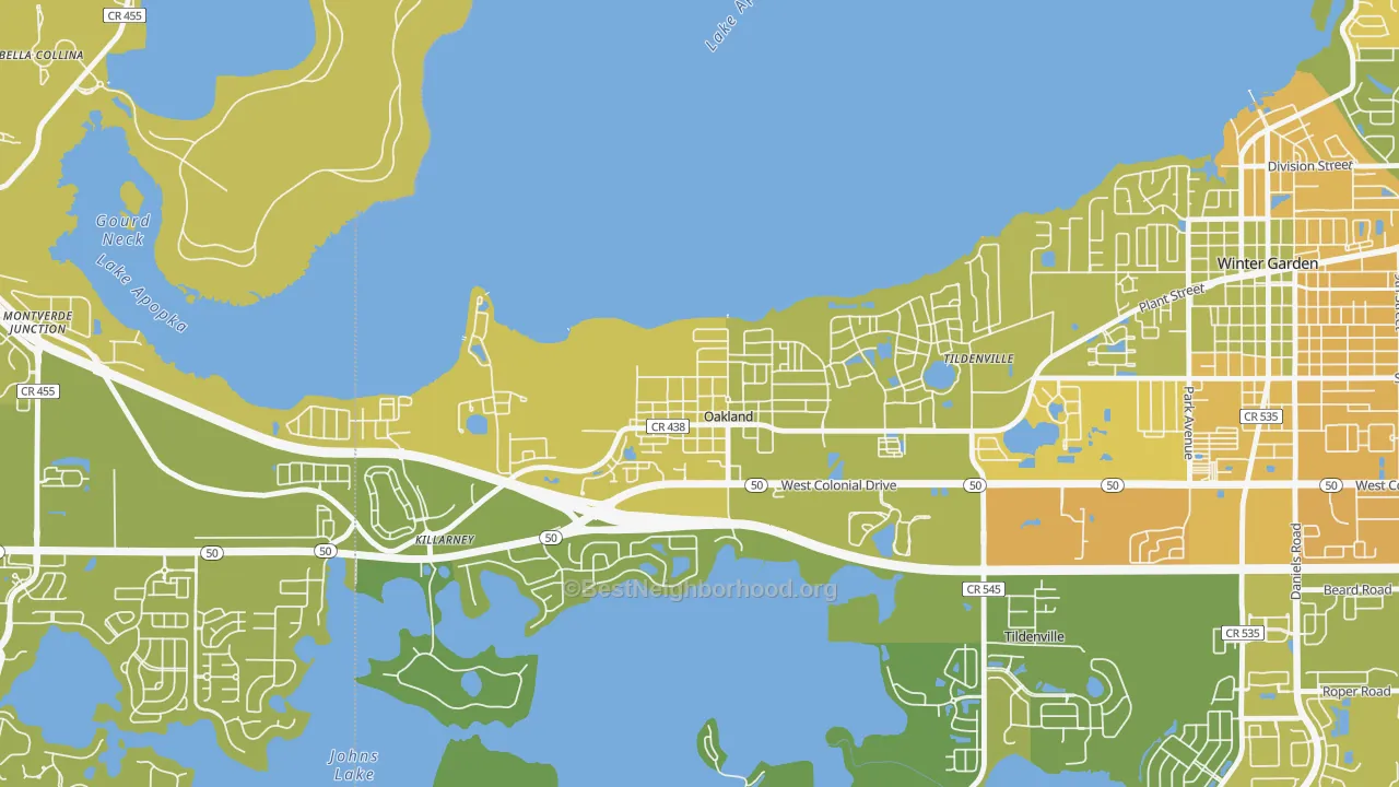 Map of the best neighborhoods in the 34760 area, with better matches in green and worse matches in red